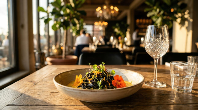 Gourmet Pasta Dish in a Sunlit Restaurant