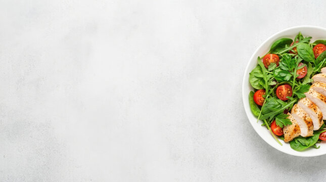Top view of healthy grilled chicken salad with fresh tomatoes, cucumber, and mixed greens on a light grey background with copy space