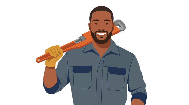 Plumber handyman maintenance professional holding pipe wrench flat vector illustration for home repair and plumbing services