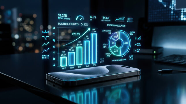 Futuristic Fintech Analytics Hologram on Smartphone