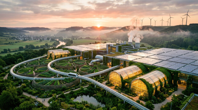 Futuristic Eco-Friendly Industrial Plant at Sunset