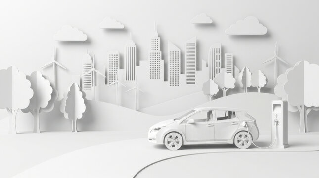 3D white monochrome futuristic eco-city island with sustainable energy and environment icons.