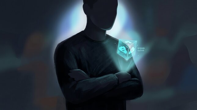 Futuristic silhouette of a person interacting with a glowing digital interface hologram for advanced data visualization and cyber security