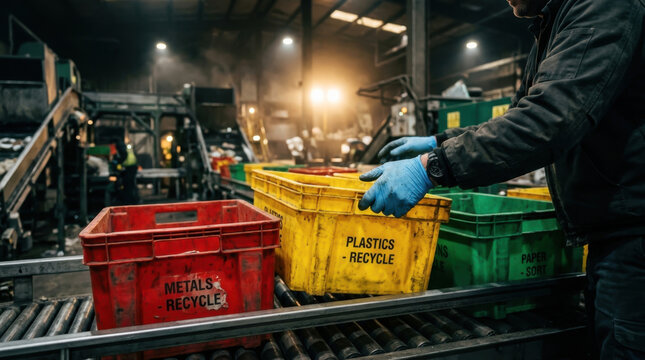 Worker Sorting Recycling Crates in Facility