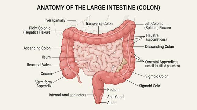 Anatomy of the Large Intestine (Colon) Diagram - Medical Illustration