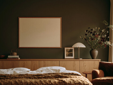 Dark green bedroom with wood headboard and blank art-ready frame above bed