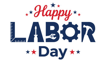 Happy Labor Day creative typography design with integrated ruler wrench and gear wheel icons © Suvo Bepary