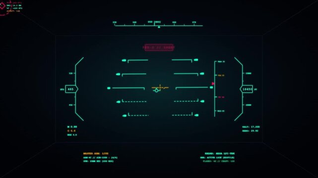 Futuristic heads up display hud flight simulator interface seamless loop background animation for aerospace technology and gaming overlay video featuring a digital heads-up display with targeting