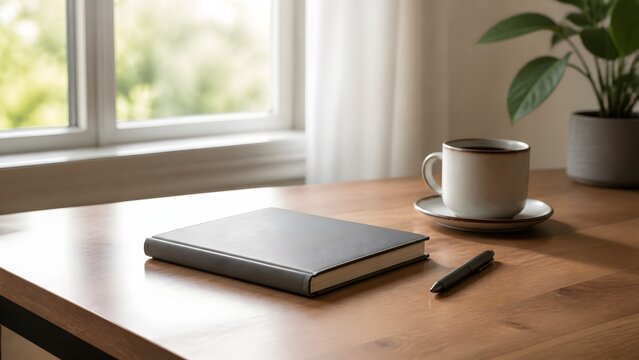 Minimalist wooden desk scene with grey journal, pen, and coffee mug by window