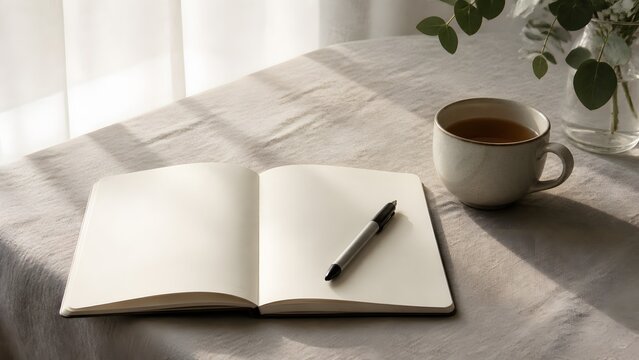 Open blank notebook with pen and teacup on grey linen tablecloth in soft window light