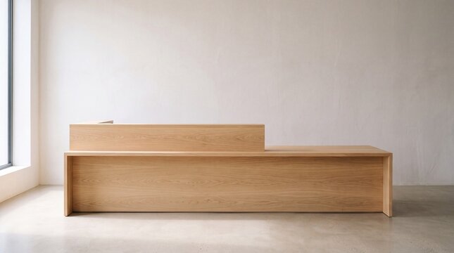 Modern minimalist wooden reception desk made of light oak wood against a plain plaster wall.