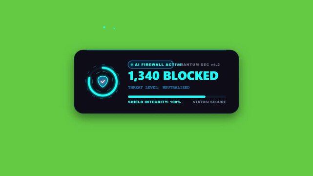 Cyber security firewall active shield status hud animation for corporate it dashboards animated indicator showcasing defense, blocked threats, and system integrity for tech presentations