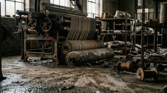 Flood damaged textile mill with jacquard looms, fabric rolls, thread spools, metal racks, and silt covered workshop floor