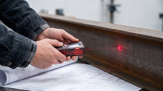 structural steel inspection with digital laser distance meter. civil engineer measuring steel beam over architectural blueprints. precision dimensional verification on construction site.

