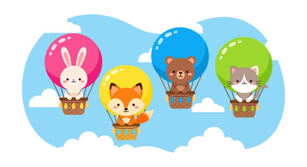 Naklejka premium Cute cartoon animals flying in colorful hot air balloons across a bright blue sky with fluffy white clouds.