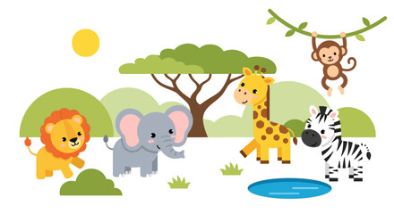 Naklejka premium Wild safari animals including a lion, elephant, giraffe, zebra, and monkey hanging from a tree branch in a playful children illustration.