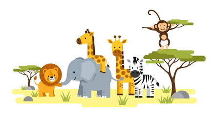 Naklejka premium Safari animals vector illustration displaying cute wild creatures like a lion elephant giraffe zebra and monkey in a savannah landscape.