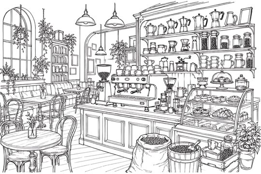 vintage cafe interior, cafe interior, coffee shop, vintage cafe, coffeehouse, line art, vintage illustration, interior illustration, antique cafe, retro cafe, cozy cafe, restaurant interior, coffee sh