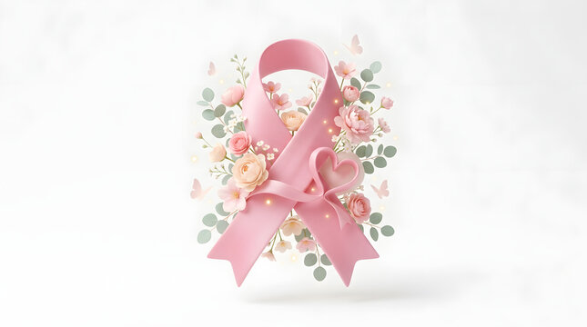 Pink ribbon with delicate flowers and butterflies symbolizing breast cancer awareness and hope