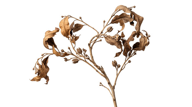 Natural dried botanical branch with curled foliage and seed pods isolated on transparent background for rustic wedding stationery, packaging, editorial and interior design graphics.
