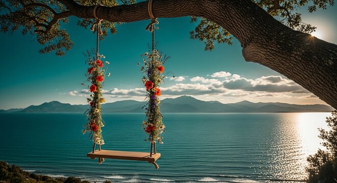 Swing on tree by ocean
