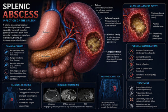 Splenic Abscess Medical Infographic Showing Spleen Infection and Treatment