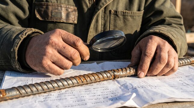 rebar inspection and structural quality control. engineer examining steel rebar weld seam with magnifying glass. technical blueprints and civil construction analysis.


