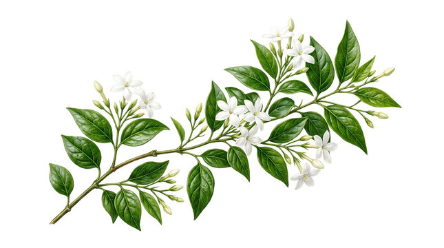 Delicate white jasmine sprig featuring star-shaped blossoms, unopened buds and glossy foliage isolated on transparent background for elegant botanical design applications.