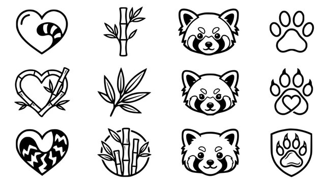 Red Panda Icons: Heart, Bamboo, Face, Paw Print - Vector Graphics Set