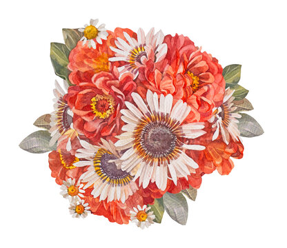 Watercolor bouquet with yellow chamomile and red orange gerbera isolated on white background. Autumn summer bloom flower chrysanthemum or daisy with leaves. Clipart for wallpaper or wrapping