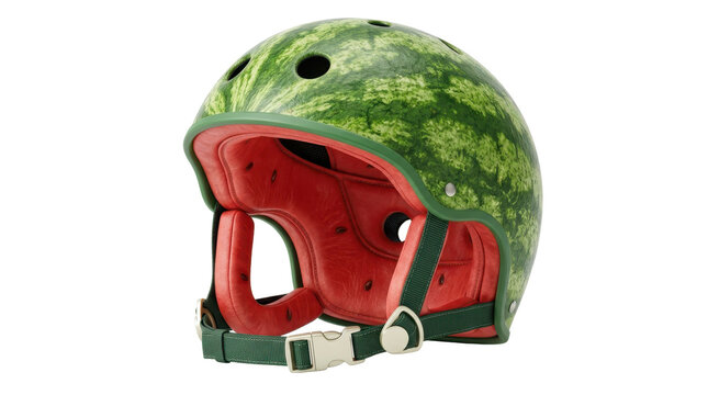 Watermelon patterned safety helmet features protective foam lining isolated against white background studio photography equipment