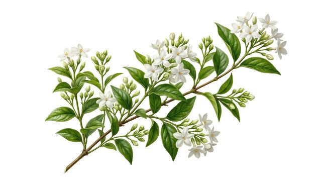 Delicate white jasmine sprig featuring star-shaped blossoms, unopened buds and glossy foliage isolated on transparent background for elegant botanical design applications.