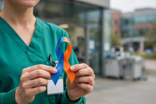 Nurse holding an orange and blue ribbon for National Sensory Processing Awareness Month and SPD awareness campaign