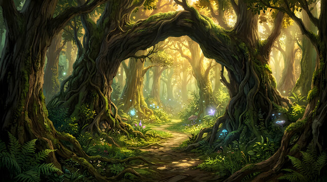Enchanted forest landscape with glowing magical light filtering through ancient trees in a mystical woodland setting