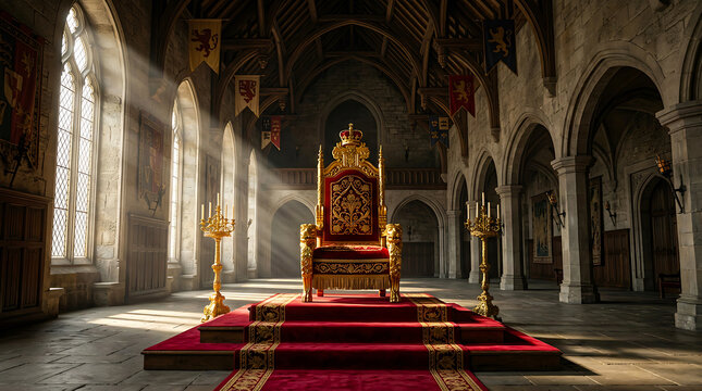 Grand medieval throne room with golden throne on a red carpet and dramatic sunlight shining through tall castle interior royal hall historic architecture crown room ancient hall stone pillars