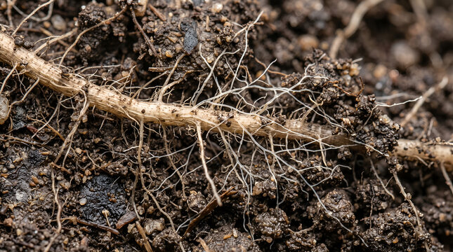 Close scientific view of plant roots and mycorrhizal fungi illustrates symbiosis, nutrient exchange, and rhizosphere biology for agriculture, biotechnology, and scientific education.