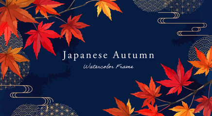 Naklejka premium もみじと伝統和柄の秋の水彩デザインフレームテンプレート,手描き風の夜の紅葉背景イラスト,幻想的なネイビー背景・もみじの枝・金色和柄文様・中央文字スペース、秋イベントポスター・料亭メニュー・WEBバナー素材、コピースペース背景,デザイン用
