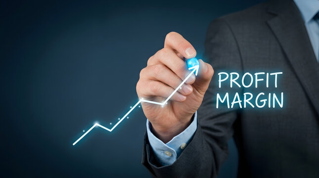 Hand drawing upward profit margin trend on transparent surface