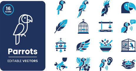 Naklejka premium Premium collection of flat vector icons featuring tropical parrots cockatoos toucans bird feathers cages and nests for nature projects.
