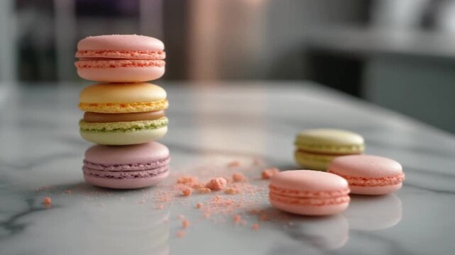 Colorful stacked French macaron cookies resting on white marble surface in smooth slow motion video footage