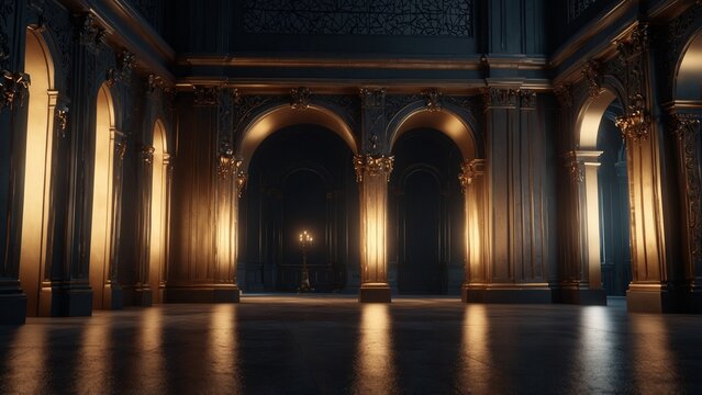 An empty room with chandel and chandel, 3d render style background - Generative AI