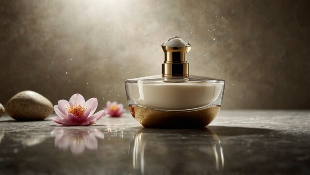 Generative AI illustration: bottle of perfume sitting on top of table next to flower with detailed texture