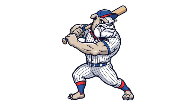 A muscular bulldog character dressed in a baseball uniform is depicted in mid-swing with a baseball bat, ready to hit a ball.