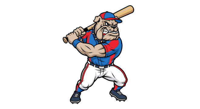 A determined bulldog depicted as a baseball player in uniform, holding a baseball bat in a ready stance against a plain white background.