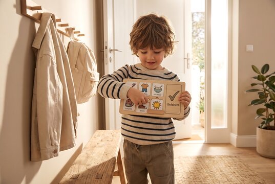 Child Holding Visual Routine Board For Independent Daily Tasks