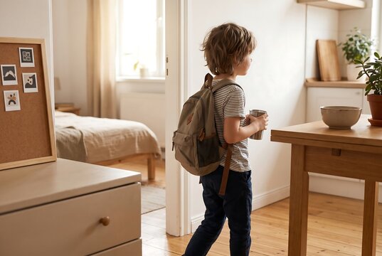 Child Wearing Backpack And Following Visual Morning Routine