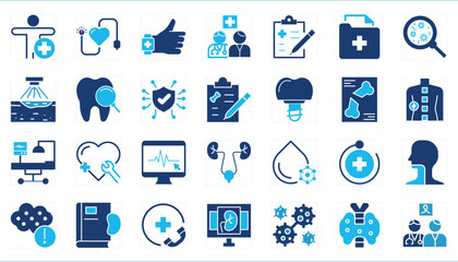 Fototapeta premium A set of icons related to Health Checkups. Health, checkup, hospital, medical symbols, tools, equipment, lab, and so on.