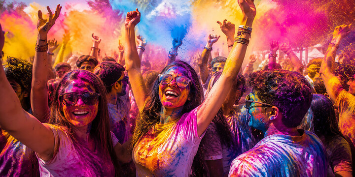 Enthusiastic Crowd Celebrating Holi Festival with Bright Colored Powder