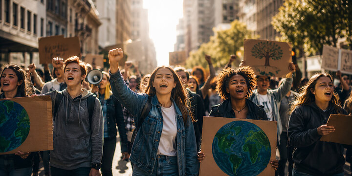 Passionate Group of Young People Protesting for Climate Action