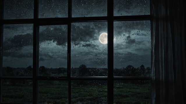 Generative AI illustration: view of full moon through window with detailed texture